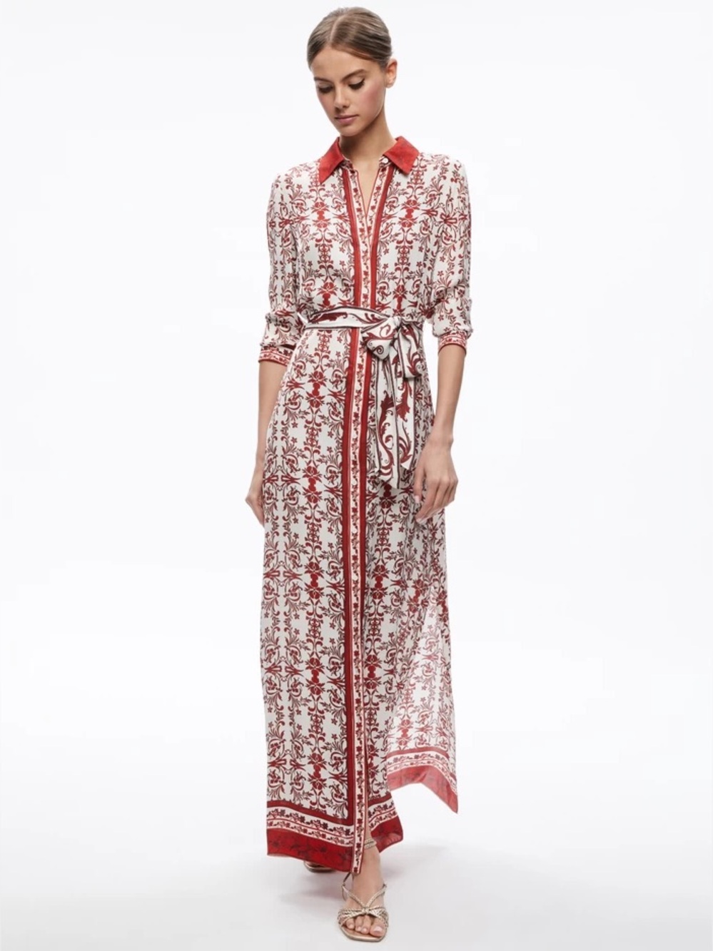 new Alice and Olivia Chassidy maxi shirtdress in red multi print